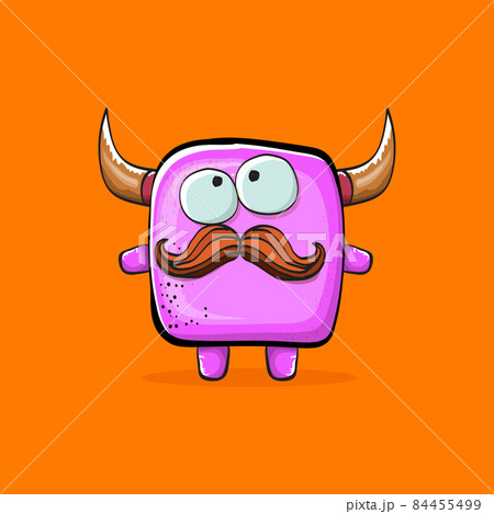 Vector cartoon funny pink monster with horn isolated on orange background. Smiling silly pink monster print sticker design template. Ghost, troll, gremlin, goblin, devil and monster Vector cartoon funny pink monster with horn isolated on orange background. Smiling silly pink monster print sticker design template. Ghost, troll, gremlin, goblin, devil and monster 84455499