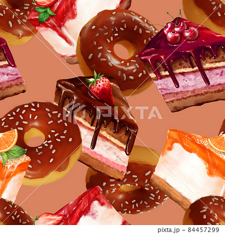 Seamless pattern of cakes and donuts. Beautiful sweet background. 3D illustration. 84457299