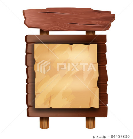 Wooden sign board vector illustration, UI game rustic placard, old parchment announcement banner 84457330