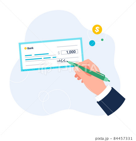 Hand fills empty fields on the bank cheque. Vector flat illustration isolated on the white background. Hand fills empty fields on the bank cheque. Vector flat illustration isolated on the white background. 84457331