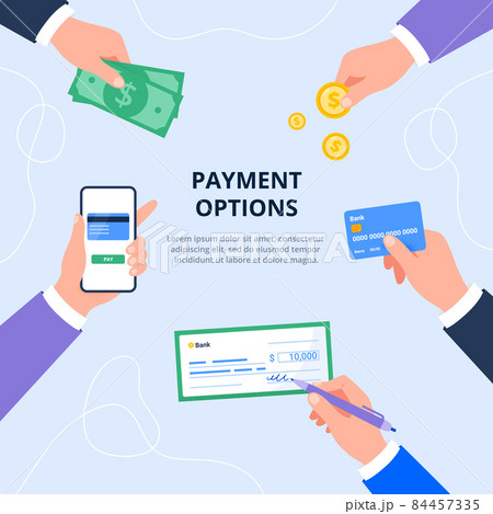 Payment method and option to transfer money. Cash, mobile app, credit card, check, coins. Vector flat illustration for banners, landing page. 84457335