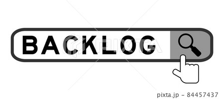 Search banner in word backlog with hand over magnifier icon on white background Search banner in word backlog with hand over magnifier icon on white background 84457437