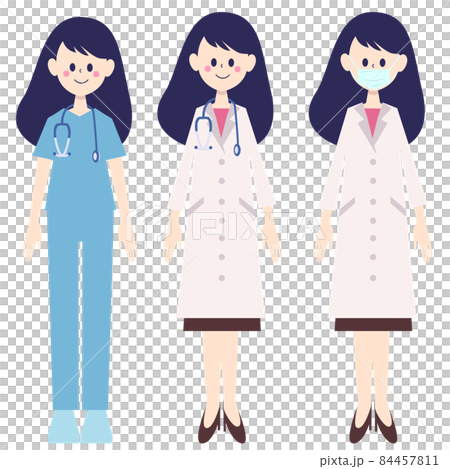 女性の医者 白衣と手術着の服装のイラスト素材