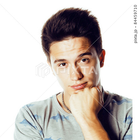 young attractive man isolated thinking emotional on white close up gesturing smiling, lifestyle people concept young attractive man isolated thinking emotional on white close up gesturing smiling, lifestyle people concept 84459710