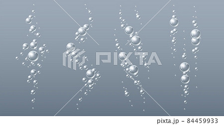Fizzy drink bubbles. Realistic underwater transparent balls jets. Soda, champagne air balloons, sparkling water with oxygen, carbonation process. Pure aerated liquid, vector isolated set 84459933