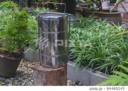 Pinto name of camping pot or food box at backyard. Pinto name of camping pot or food box at backyard. 84460245