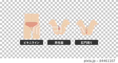 Image illustration of white background indicating the location of the lower body VIO of the hair removal esthetics of a young Asian man 84461107