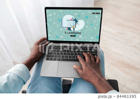 Black Man Study With Laptop At Home, Signing Up For Virtual Classroom 84461395