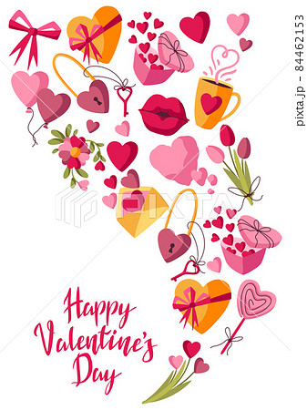 Happy Valentine Day greeting card. Holiday background with romantic and love symbols. 84462153