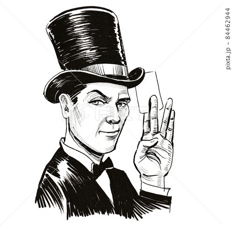 Illusionist with playing cards. Ink black and white drawing 84462944