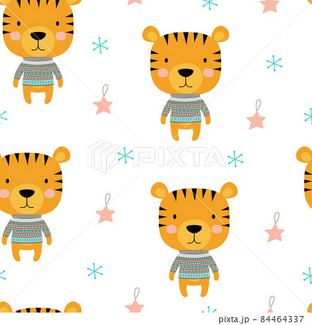 seamless winter pattern with cute cartoon tiger 84464337