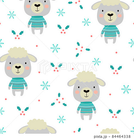 seamless winter pattern with cute cartoon sheep 84464338