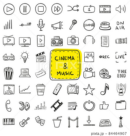 Hand drawn icon set cinema and music in doodle style isolated Hand drawn icon set cinema and music in doodle style isolated 84464907