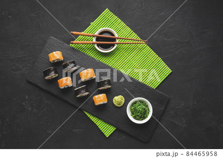 top view sushi plating bamboo mat. High quality photo top view sushi plating bamboo mat. High quality photo 84465958