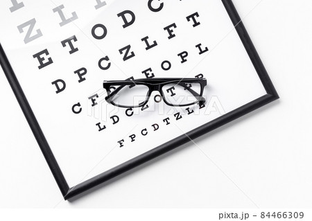 high angle pair glasses panel with letters. High quality photo 84466309