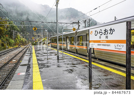 雨の秘境駅巡り、平岡駅に停車中の飯田線秘境駅号 84467673