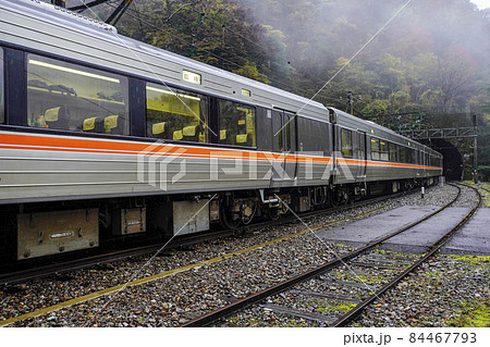 雨の秘境駅巡り、大嵐駅に停車中の飯田線秘境駅号 84467793