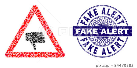 Textured Fake Alert Stamp Seal and Geometric Thumb Down Warning Mosaic 84470282