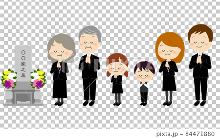 お墓参りをする喪服を着た家族(秋冬) お墓参りをする喪服を着た家族(秋冬) 84471880