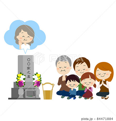 おばあちゃんのお墓参りをする家族 秋冬 のイラスト素材