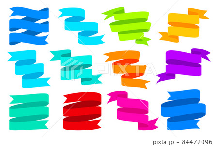 Ribbon holiday banner news colorful icon flat set. Bright signboard congratulation element of decor party surprise. Gift label for children modern label. Blank promotion sticker isolated on white 84472096