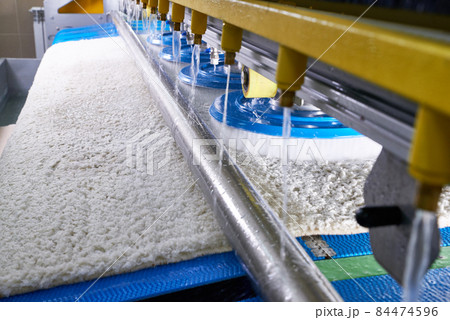 Laundry worker in the process of working on automatic machine for carpet washing in dry cleaning Laundry worker in the process of working on automatic machine for carpet washing in dry cleaning 84474596