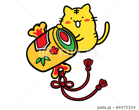 打ち出の小槌と干支 寅 のキャラクターのかわいい手書き風イラストのイラスト素材