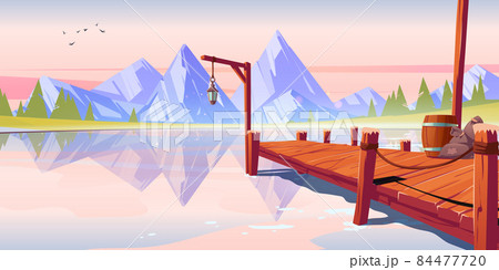 Wooden pier on lake or pond morning landscape 84477720