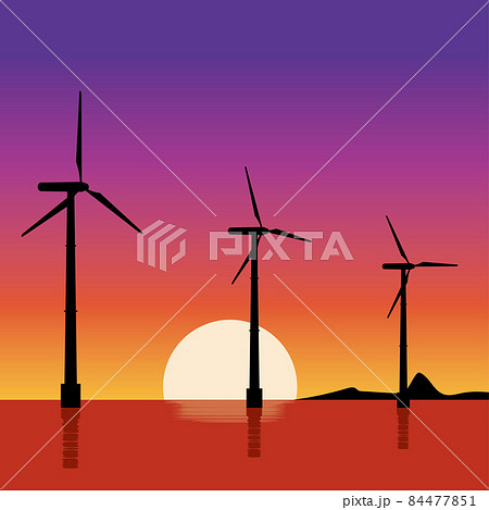夕暮れの洋上風力発電所のイラスト クリーンエネルギー 温暖化防止カーボンニュートラル Sdgsのイラスト素材