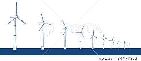 奥行き感がある風力発電所の線画イラスト　クリーンエネルギー　温暖化防止カーボンニュートラル　SDGs 84477853