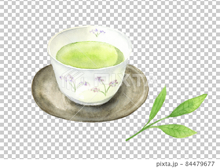 緑茶が入った湯のみとお茶の葉の水彩イラスト アナログ手描き 背景透過のイラスト素材