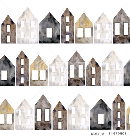 Seamless pattern of scandinavian ho0uses on white. Background with hand drawn building in nordic minimal style 84479903