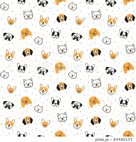 Seamless pattern with heads of different breeds dogs. Corgi, Pug, Chihuahua, Terrier, Husky, Pomeranian. 84480155