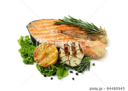 Tasty grilled salmon isolated on white background 84480945