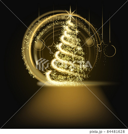 Christmas tree gold lights dust decoration, golden blurred magic glow on dark background. Merry Christmas holiday celebration. Vector illustration banner greeting card 84481628