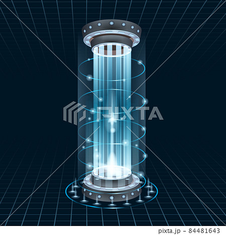 Futuristic portal sky-fi digital, circle science teleport tunnel with light rays and glows, podium, projector. Vector illustration, black blue background 84481643