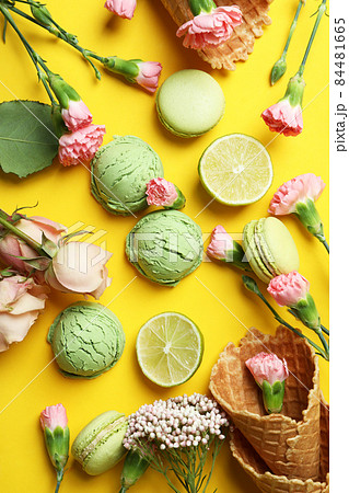 Concept of delicious food on yellow background Concept of delicious food on yellow background 84481665