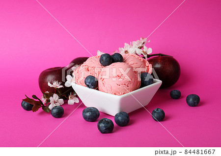 Concept of delicious fruit ice cream on pink background Concept of delicious fruit ice cream on pink background 84481667