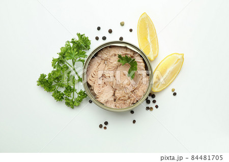 Tin with canned tuna on white background Tin with canned tuna on white background 84481705