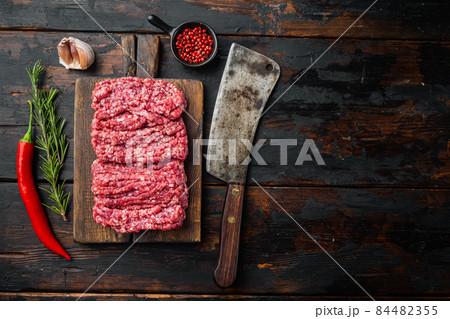 Minced meat, on old dark wooden table background, top view flat lay with copy space for text Minced meat, on old dark wooden table background, top view flat lay with copy space for text 84482355