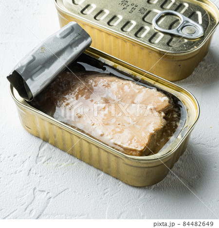 Canned wild Trout, in tin can, on white background, square format Canned wild Trout, in tin can, on white background, square format 84482649