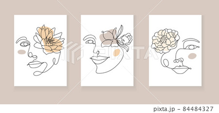 Boho women face vector set. Surreal portrait, girl face with lotus, chrysanthemum, lily flowers in continuous line style. Boho women face vector set. Surreal portrait, girl face with lotus, chrysanthemum, lily flowers in continuous line style. 84484327