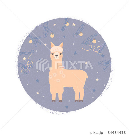 Cute llama with a garland of lights around her neck. Animal illustration for a Christmas card. 84484458