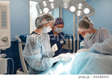 Concentrated Surgical team operating a patient in an operation theater 84486005