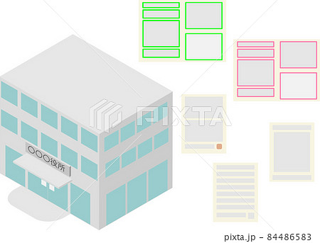 アイソメトリックな役所の建物と申請書等の種類色々 84486583