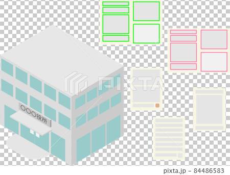 アイソメトリックな役所の建物と申請書等の種類色々 84486583