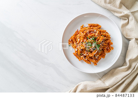 spirali or spiral pasta with tomato sauce spirali or spiral pasta with tomato sauce 84487133