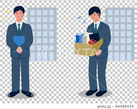 会社に入社して輝いている会社員と、会社をクビになってうなだれる会社員のベクターイラスト 84488434