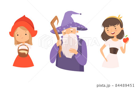 Fairytale Character with Red Riding Hood and Snow White with Apple Vector Set 84489451