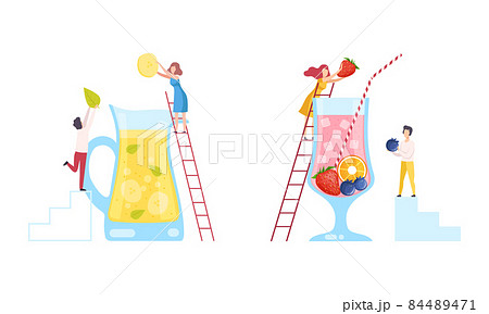 Tiny People Character Making Cocktail Putting Ingredients Into Huge Glass with Ladder Vector Set 84489471